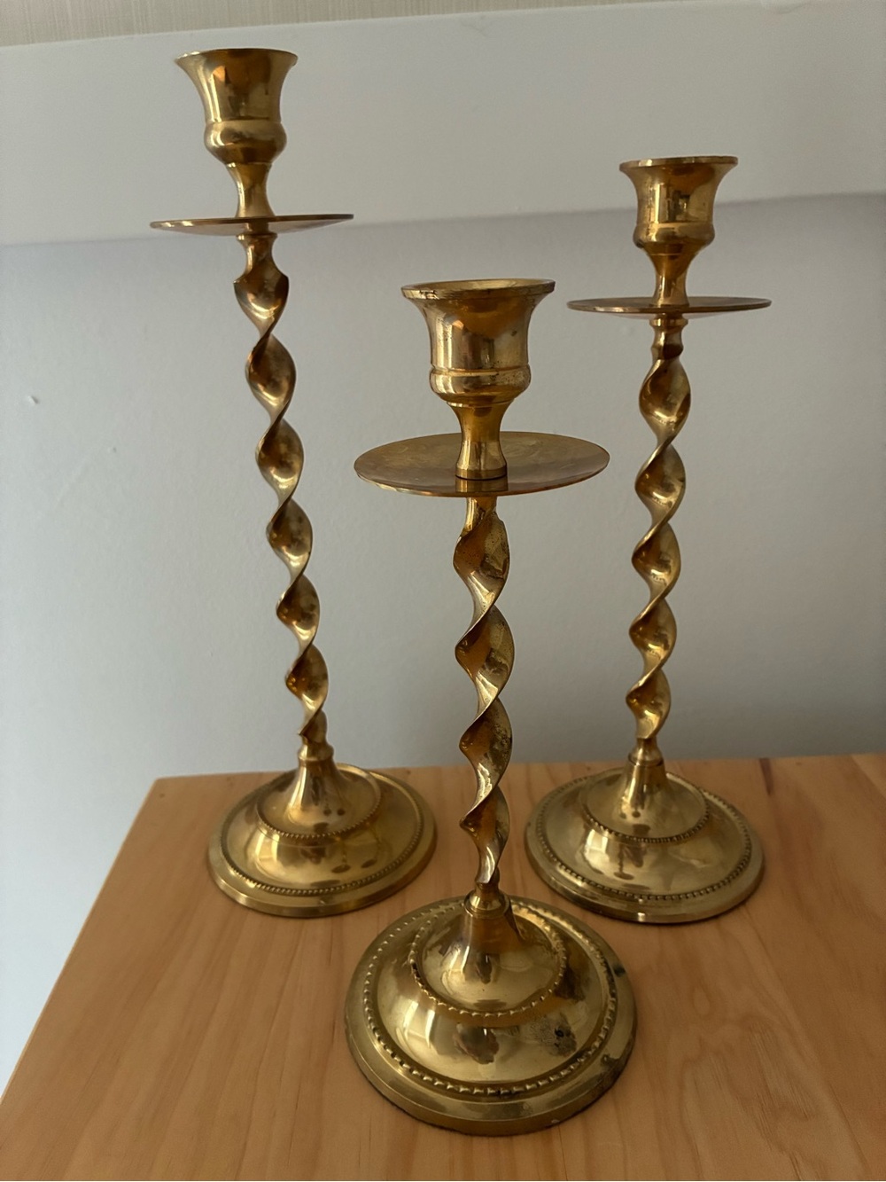 Vintage Brass Spiral Taper Candle Holders - Set of 3